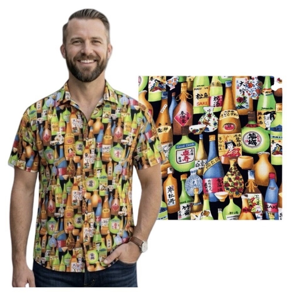 VTG Reyn Spooner Japanese Sake AOP Colorful Aloha Camp Shirt LG Hawaiian Luau‎